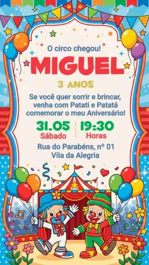 Convite de Aniversário Circo Patati Patatá Colorido para Editar
