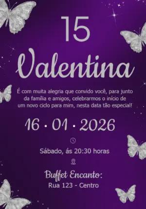 Convite de 15 anos Roxo e Prata com Borboletas para Editar