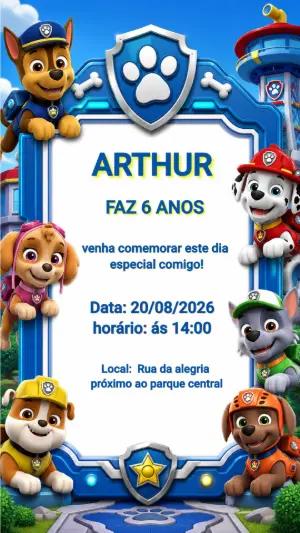 Convite de Aniversário Patrulha Canina Azul Editável
