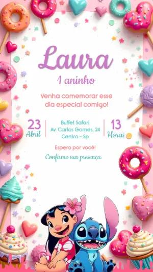 Convite de Aniversário Stitch Candy para Editar Online