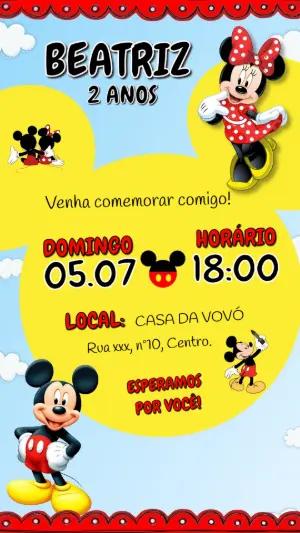 Convite de Aniversário Mickey e Minnie Colorido para Editar
