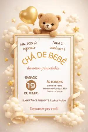 Convite Chá de Bebê Ursinho com Balão Dourado Editável