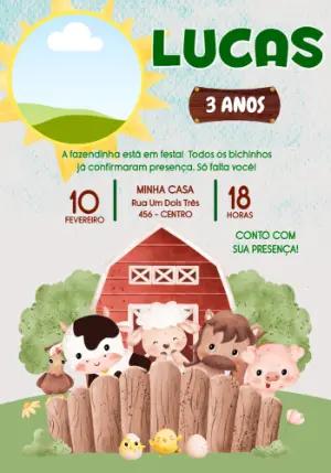 Convite de Aniversário Fazendinha com Animais Fofos Editável