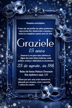 Convite 15 Anos Baile de Máscaras Azul Elegante para Editar