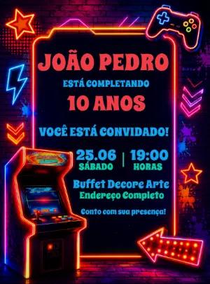 Convite de Aniversário Videogame Neon para Editar Online