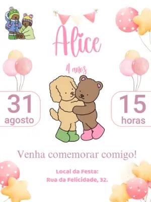 Convite Animado Aniversário Ursinho e Cachorro para Editar