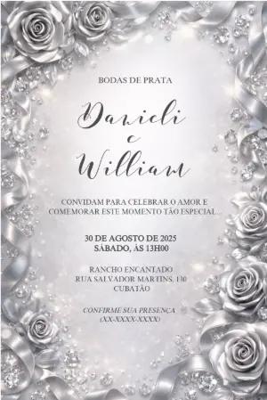 Convite Bodas de Prata Elegante com Flores e Diamantes Editável