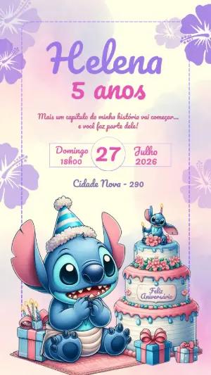 Convite de Aniversário Stitch Fofo Lilás para Editar