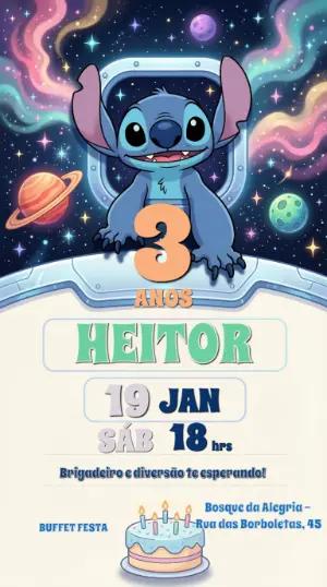 Convite de Aniversário Stitch no Espaço Modelo Editável