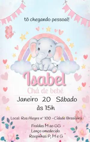 Convite Digital Chá de Bebê Menina Elefantinho Rosa Editável