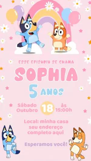 Convite Animado Aniversário Bluey Menina para Editar
