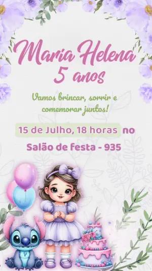 Convite de Aniversário Stitch e Menina Lilás Floral Editável