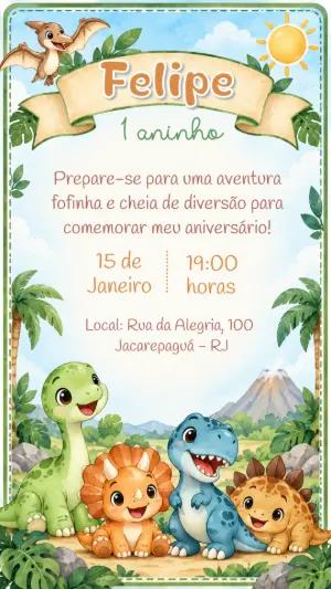 Convite de Aniversário Dinossauro Baby Fofo Modelo Editável