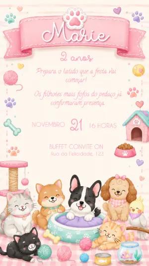 Convite Festa Pet: Aniversário de Cães e Gatos Editável