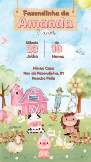 Convite de Aniversário Fazendinha Rosa para Editar Online