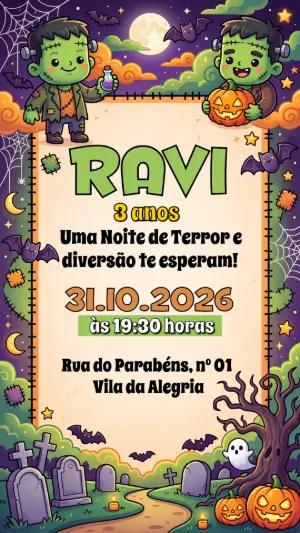 Convite de Aniversário Halloween Frankenstein Fofo Editável