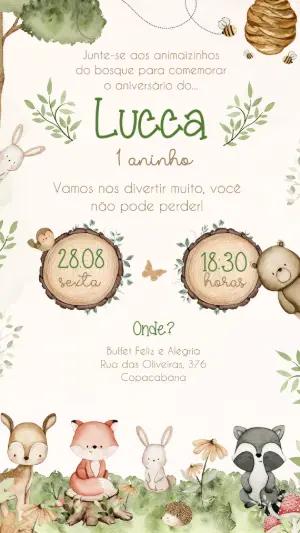 Convite Digital Aniversário Animais do Bosque Aquarela para Editar