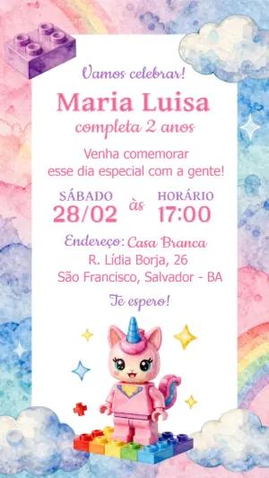 Convite de Aniversário Infantil Blocos e Unicórnio Editável