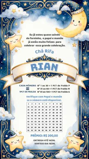 Chá Rifa Digital Editável Lua e Estrelas Soninho para Bebê