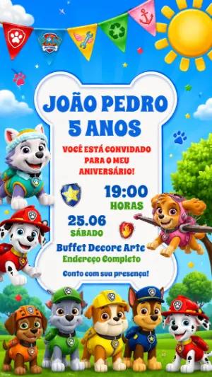 Convite de Aniversário Patrulha Canina Colorido para Editar