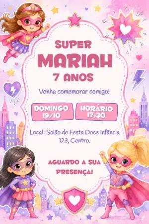 Convite de Aniversário Super Heroínas Aquarela para Editar