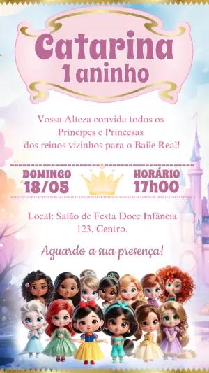 Convite Aniversário Princesas Cute | Modelo Digital Editável
