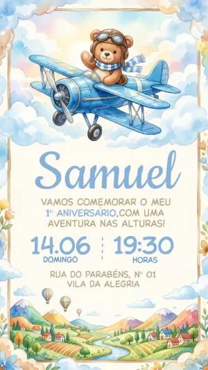 Convite de Aniversário Ursinho Aviador Aquarela Editável