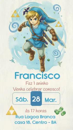 Convite de Aniversário Zelda Link em Aquarela para Editar