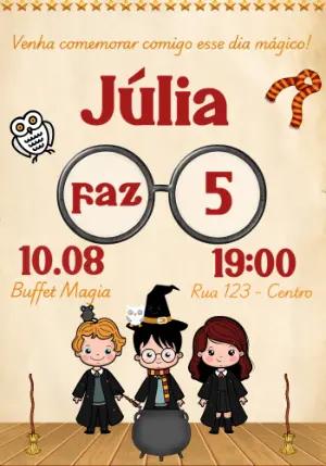 Convite de Aniversário Harry Potter com Trio de Bruxinhos para Editar