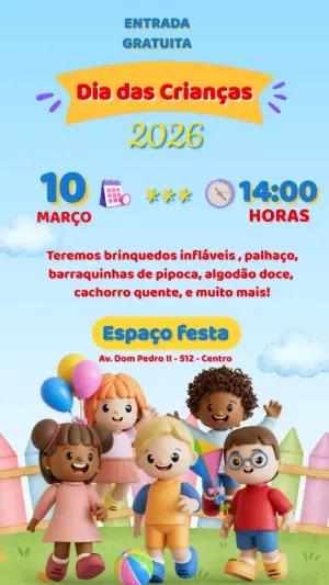 Convite Dia das Crianças 3D Editável para Festa Infantil