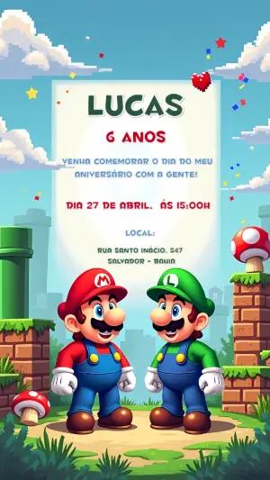 Convite de Aniversário Super Mario e Luigi para Editar Online