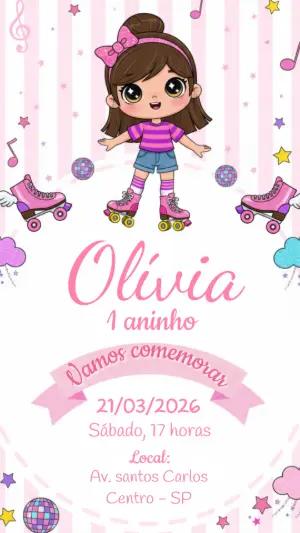 Convite de Aniversário Menina Patinadora Tema Roller Editável