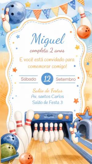 Convite de Aniversário Boliche Aquarela | Modelo Editável