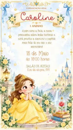Convite de Aniversário A Bela e a Fera Cute Editável