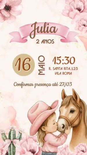 Convite de Aniversário Country Rosa com Cavalo Editável