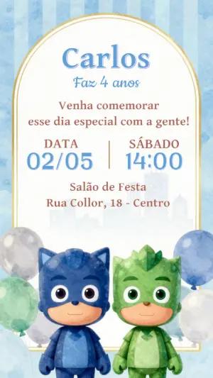 Convite de Aniversário PJ Masks Heróis de Pijama Editável