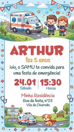 Convite de Aniversário Infantil Ambulância SAMU Editável