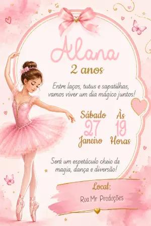Convite de Aniversário Bailarina Rosa e Dourado para Editar