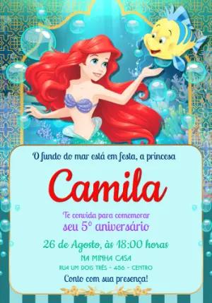 Convite de Aniversário Pequena Sereia Ariel para Editar