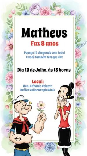 Convite de Aniversário Popeye e Olívia Palito para Editar