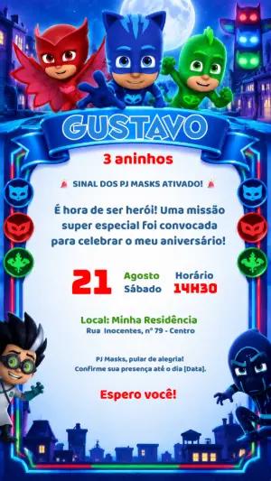 Convite de Aniversário PJ Masks Editável para Festa Infantil