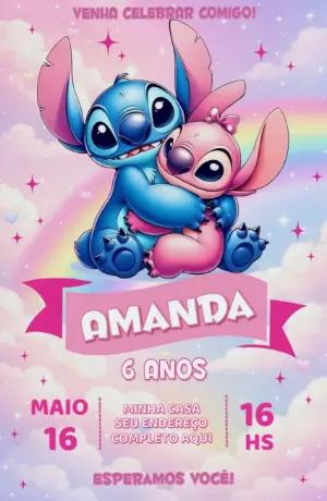 Convite de Aniversário Stitch e Angel Rosa Modelo Editável