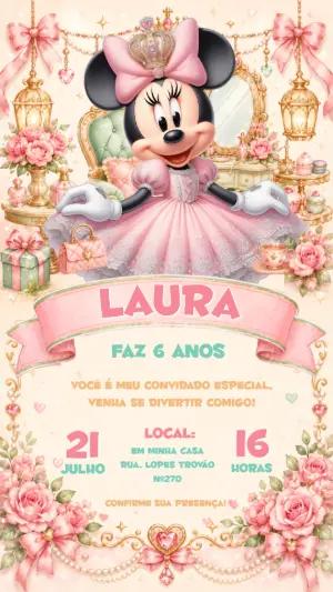 Convite de Aniversário Minnie Realeza Rosa Editável