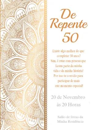 Convite Aniversário 50 Anos Mandala Dourado Editável