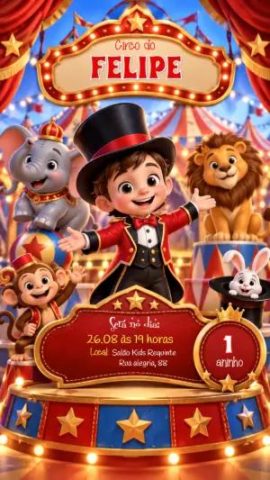 Convite Digital Aniversário Menino Tema Circo Editável