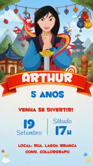 Convite de Aniversário Mulan: Modelo Digital Editável