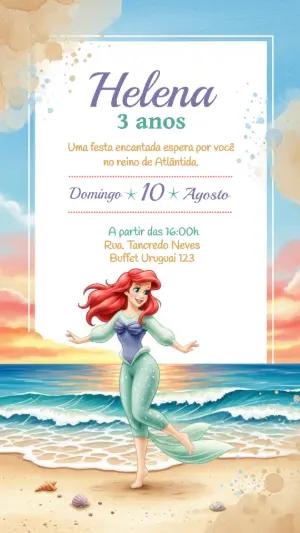 Convite Aniversário Pequena Sereia na Praia Editável