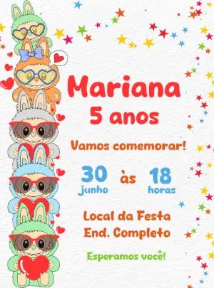 Convite Aniversário Labubu com Bonecos Fofos para Editar