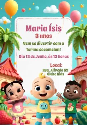 Convite de Aniversário Cocomelon com Personagens para Editar