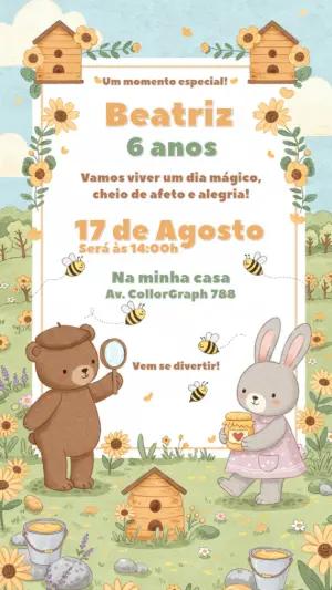 Convite Aniversário Ursinho e Coelho Fofo para Editar Online